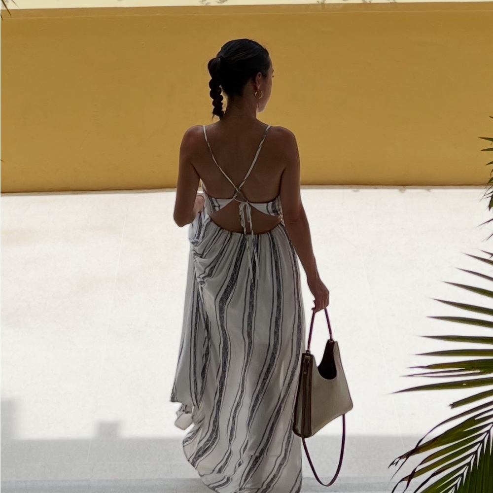 Women’s Striped V-Neck Maxi Dress - White & Navy